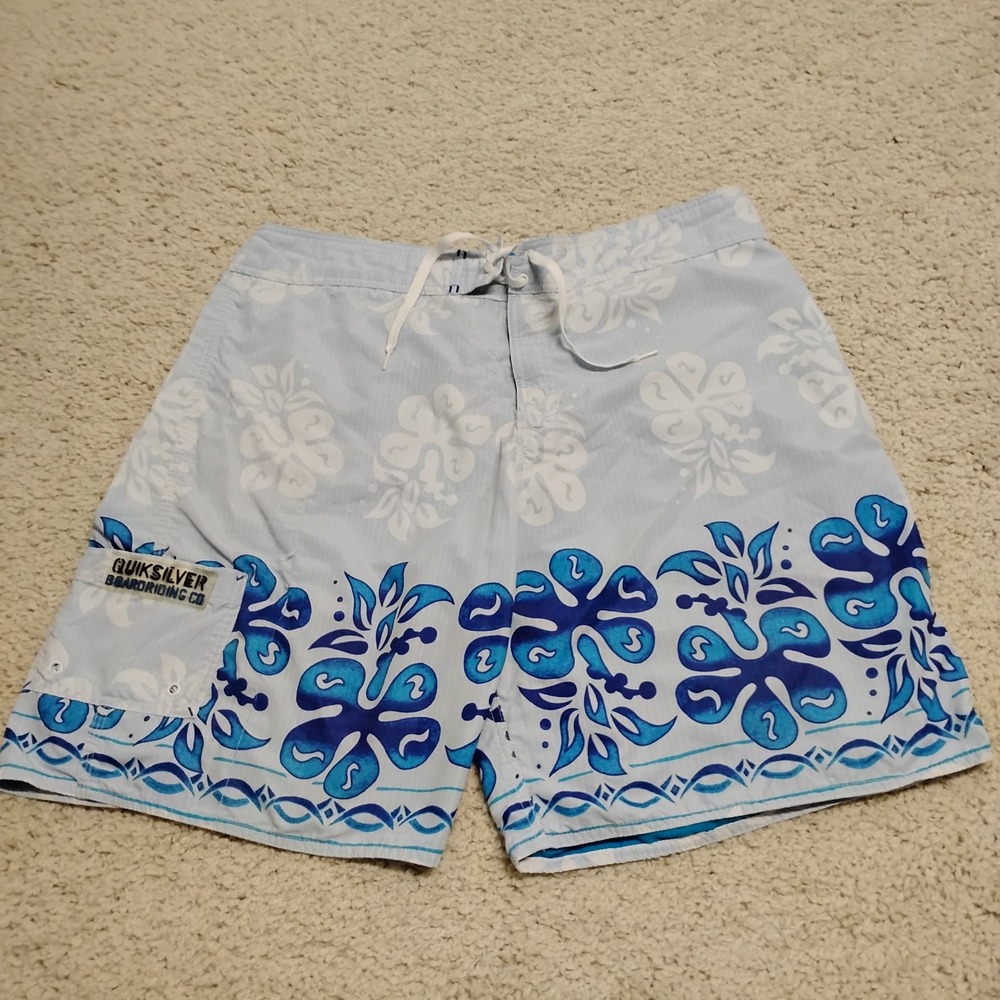 Vintage Quiksilver Board Shorts Mens 38 Blue Unlined Swim Trunks Y2K Floral Tiki